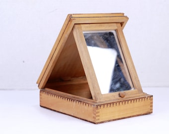 Boîte à bijoux vintage en bois avec miroir : petit tiroir de rangement