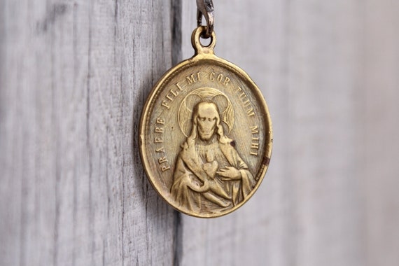 Vintage Religious Medallion Praebe Fili Mi Cor Tu… - image 1