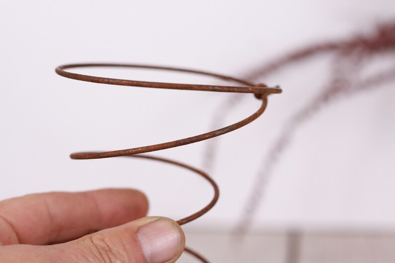 May include: Close-up of a rusty metal spring with a spiral design. The spring is held by a hand, showcasing its coiled structure and aged, brown color. The background is a soft white, highlighting the spring's texture.
