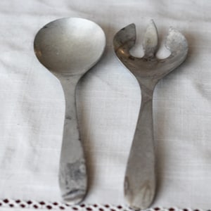 Vintage Salad Fork and Spoon, Vintage French Salad Serving Set, Aluminum Fork and Spoon