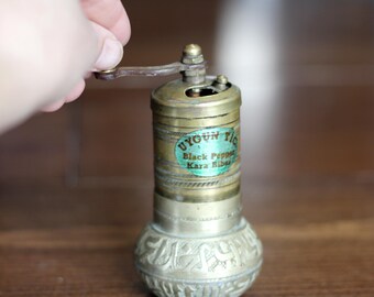 Vintage Brass Pepper or Herb Mill Grinder, Distressed