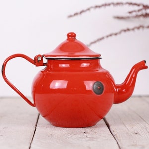 Vintage Tourist Enamel Red Tea or Coffee Pot Kettle