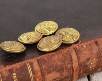 Vintage Military Yellow Buttons Metal Star Buttons Army Uniform Buttons Set of Five Steampunk