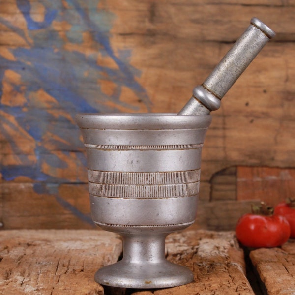 Vintage Rustic Metal Pestle and Mortar Spices Mixing