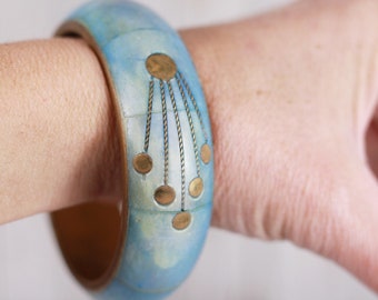 Vintage Brass and Pearl Inlay Bangle, Bracelet, Boho Hippie
