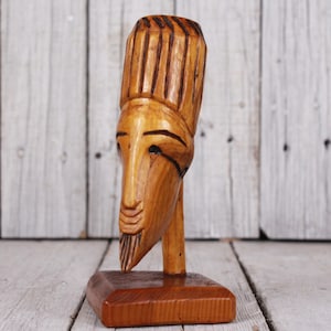 Vintage Small Head Wooden Figurine in African Style, Wood Face