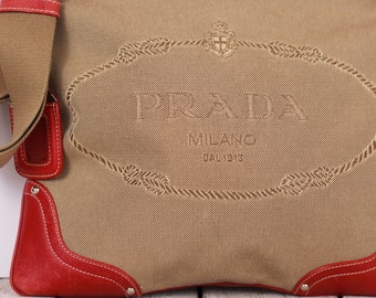 Vintage Shoulder Bag PRADA Logo Canvas Red Leather Bag Prada Milano DAL  1913 Adjustable Strap Retro