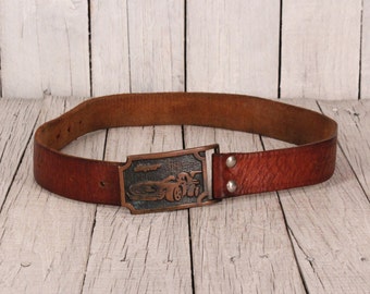 Vintage Ceinture unisexe en cuir marron avec boucle en laiton Cowboy