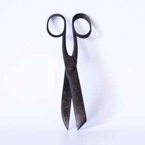 May include: A pair of antique, dark brown scissors with large finger loops. The blades are crossed and show signs of wear, suggesting age and use. The scissors are set against a plain white background, highlighting their form and texture.