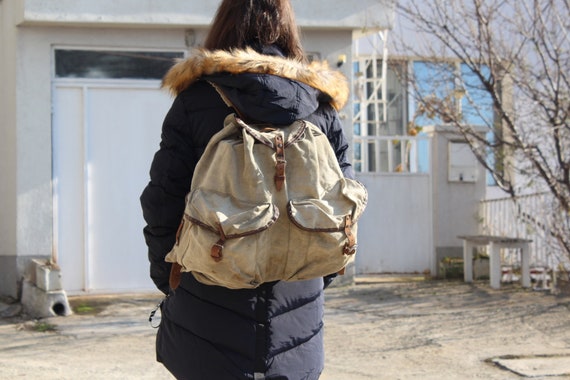 Vintage Canvas Khaki Backpack, Military Backpack,