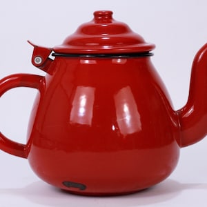 Vintage Red Enamel Teapot, Small Kettle, Tourist Equipment