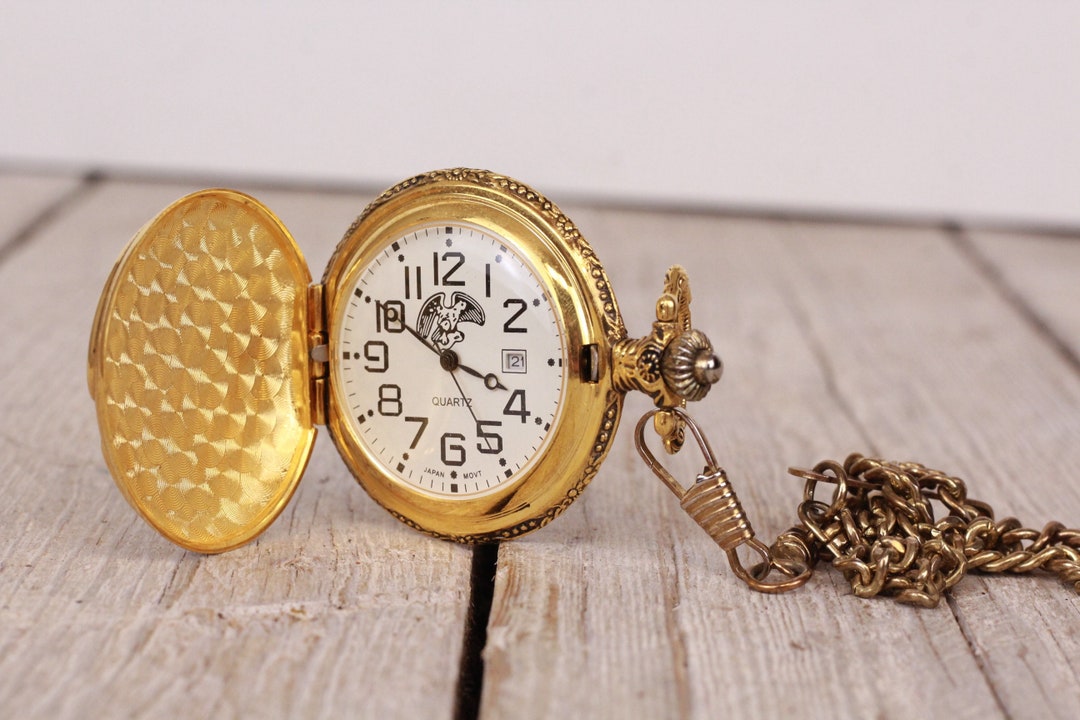 Vintage Quartz Pocket Watch With Date Japan Movement Etsy