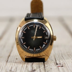 Wrist Watch Poljot with Date 17 Jewels USSR Made Gold Plated Au10