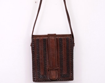 Bolso de hombro vintage de piel auténtica marrón, desgastado