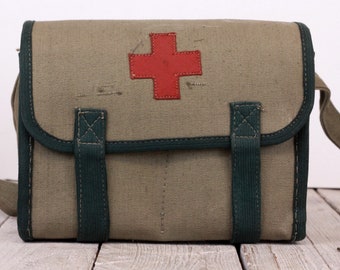 Vintage Medicine Chest First Aid Kit Army Field Medical Bag Military Green Red Cross Bag