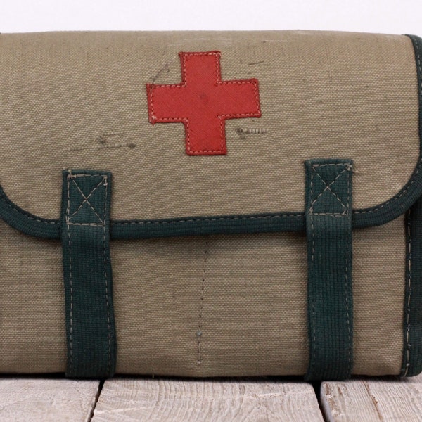 Vintage Medicine Chest First Aid Kit Army Field Medical Bag Military Green Red Cross Bag