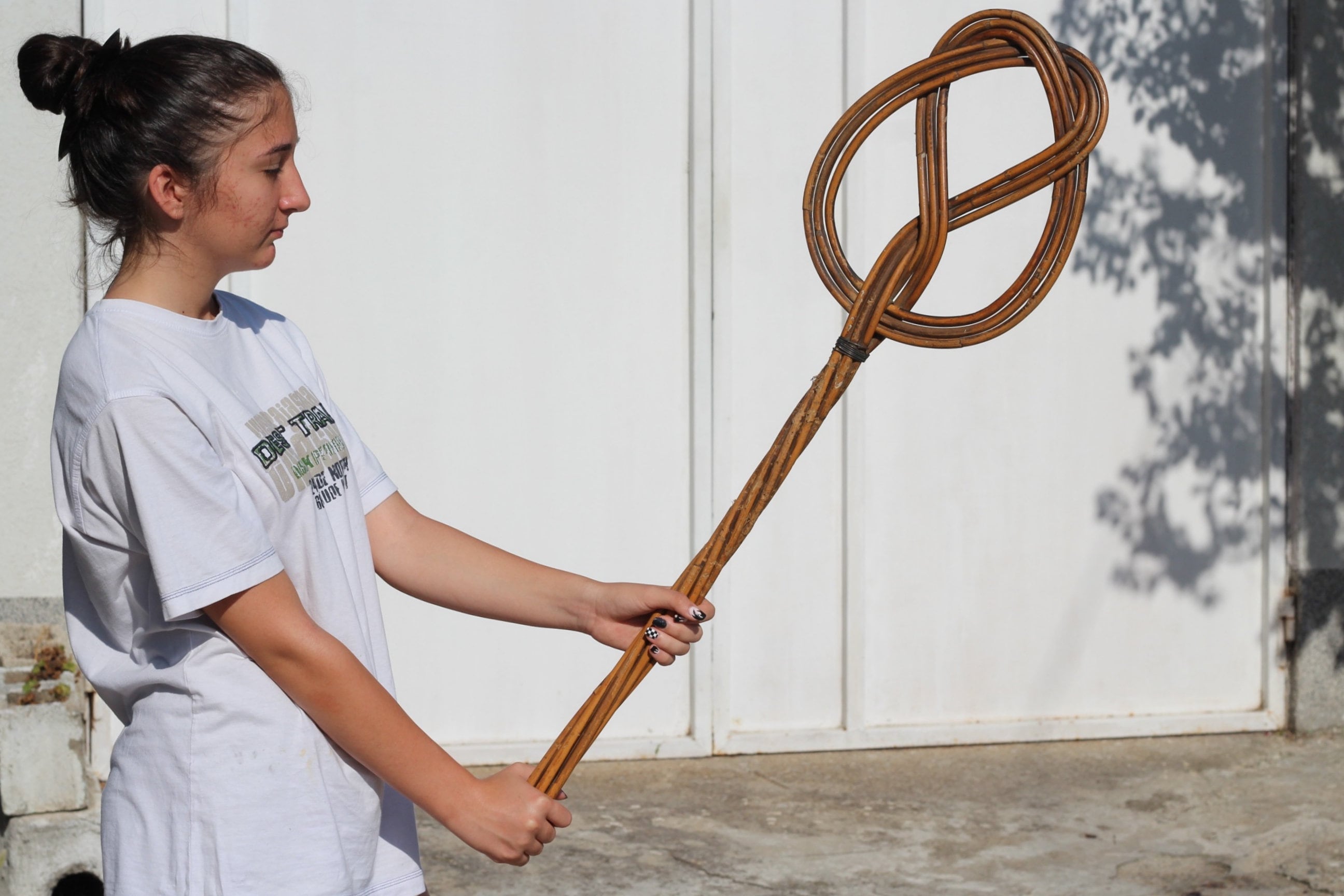 French Vintage Rug Rattan Carpet Beater Wooden