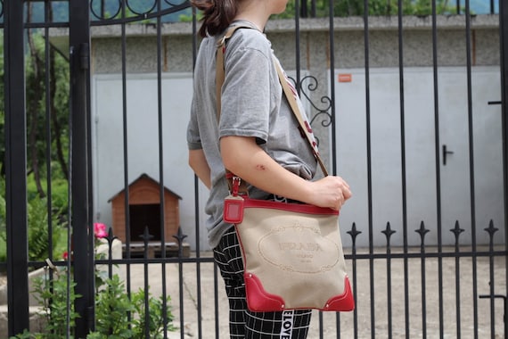 Vintage Shoulder Bag PRADA Logo Canvas Red Leather Bag Prada - Etsy Denmark