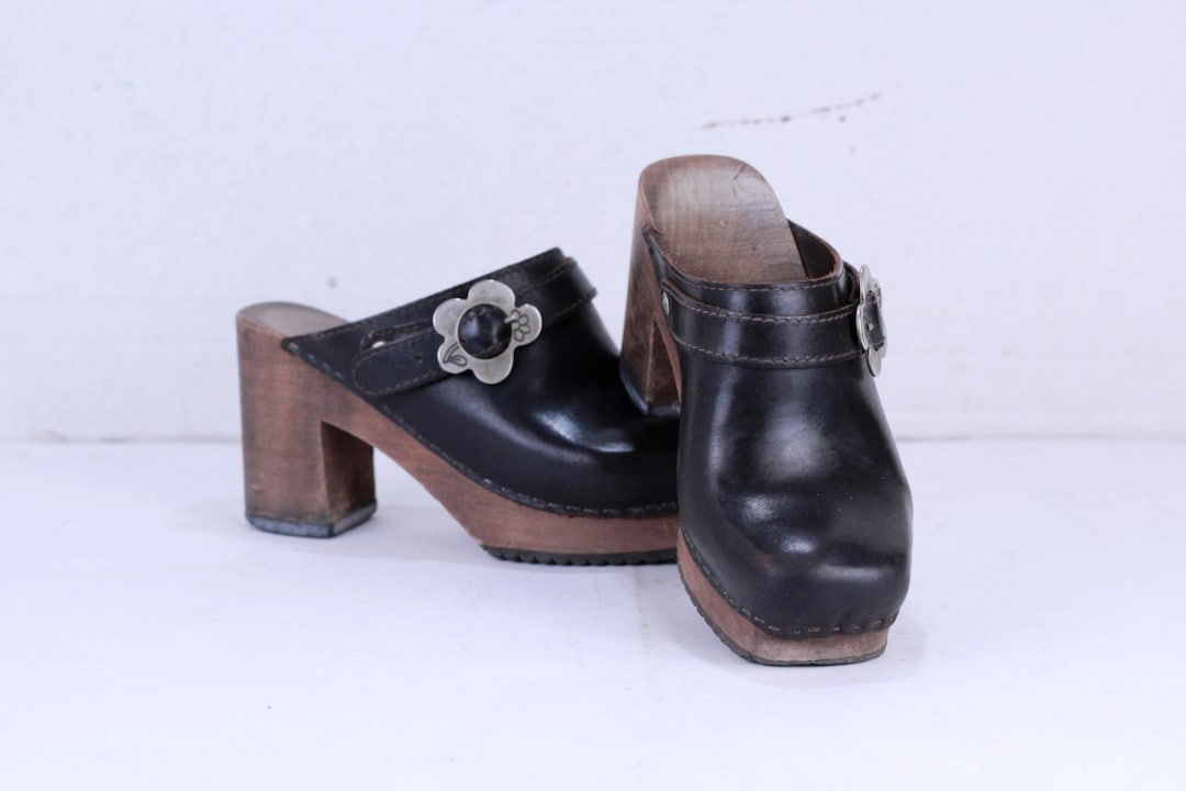 Vintage Brown Leather Platform Clogs: 80s Chunky Heel Shoes (EU 36 / US ...