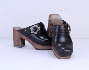 Vintage Brown Leather Platform Clogs: 80s Chunky Heel Shoes (EU 36 / US 6)