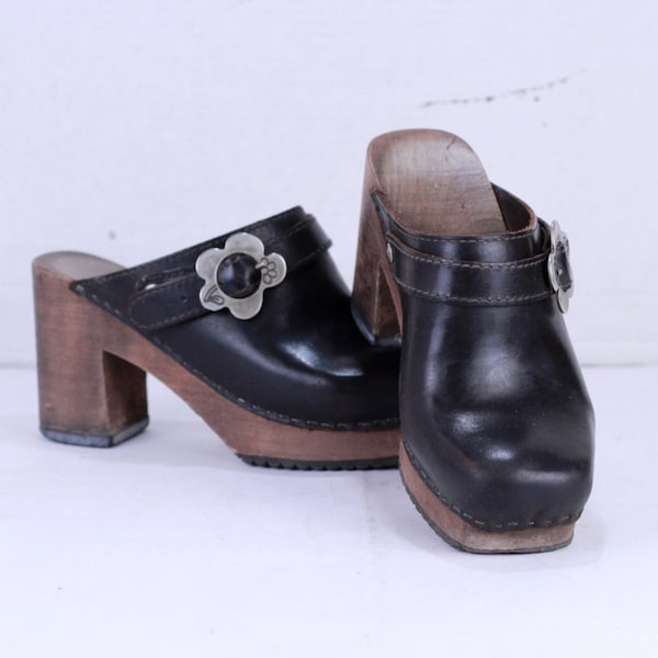 Vintage Brown Leather Chunky Platform Clogs, High Platform Shoes, Size EU - 36  / UK - 3.5 / US - 6