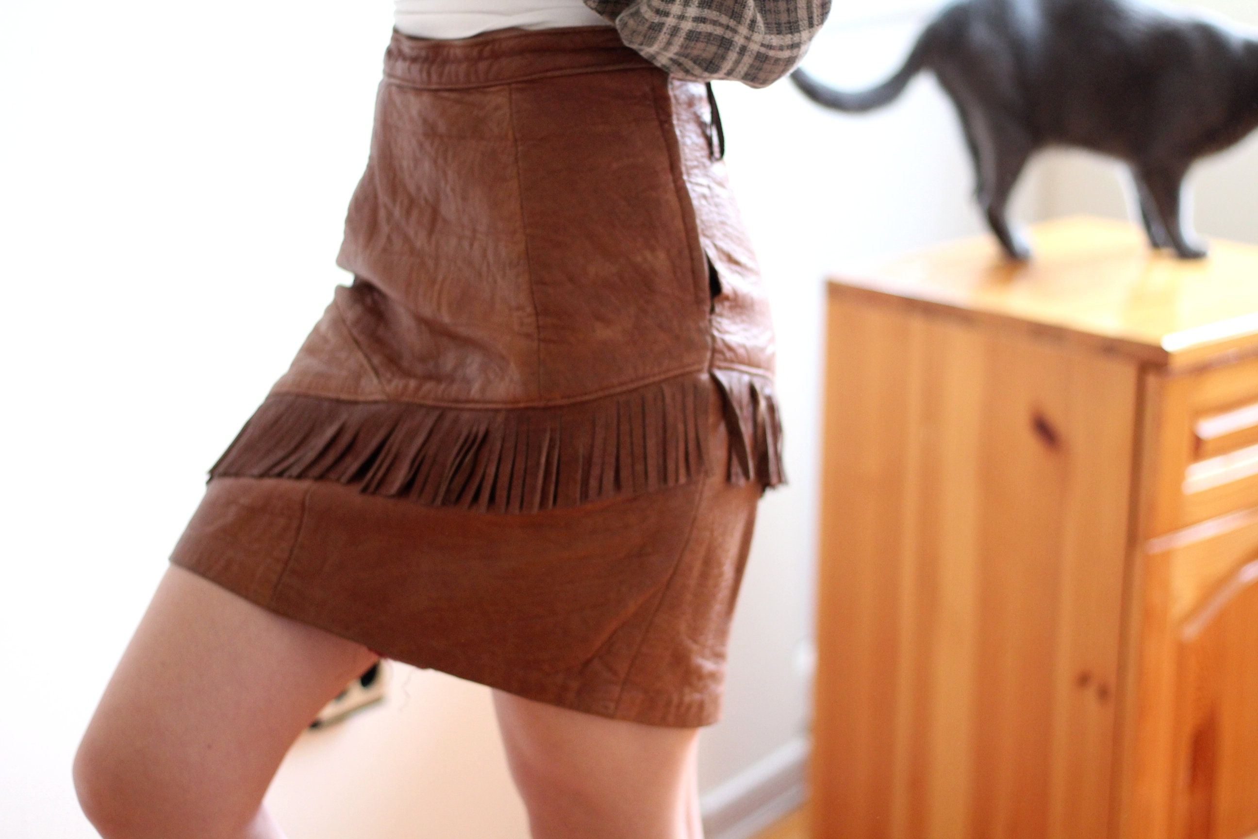 Vintage 80s Brown Leather Skirt with Fringe High Waist Motorcycle Skirt Biker Boho Hippie Hippy Women Western Cowgirls