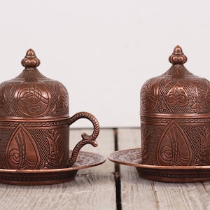 Vintage Turkish Coffee Cup Set: Metal Lidded Cups, Made in Turkey