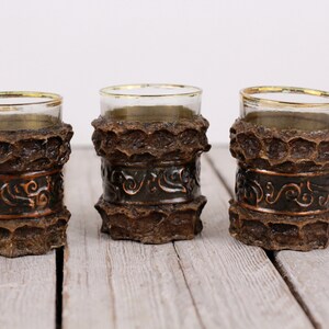 Vintage Shot Glass Set of 3 Thick Glasses Drinking Liquor Embossed Small Glasses