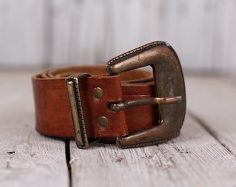 Vintage Tooled Leather Cowgirl Belt, Handmade Metal Buckle