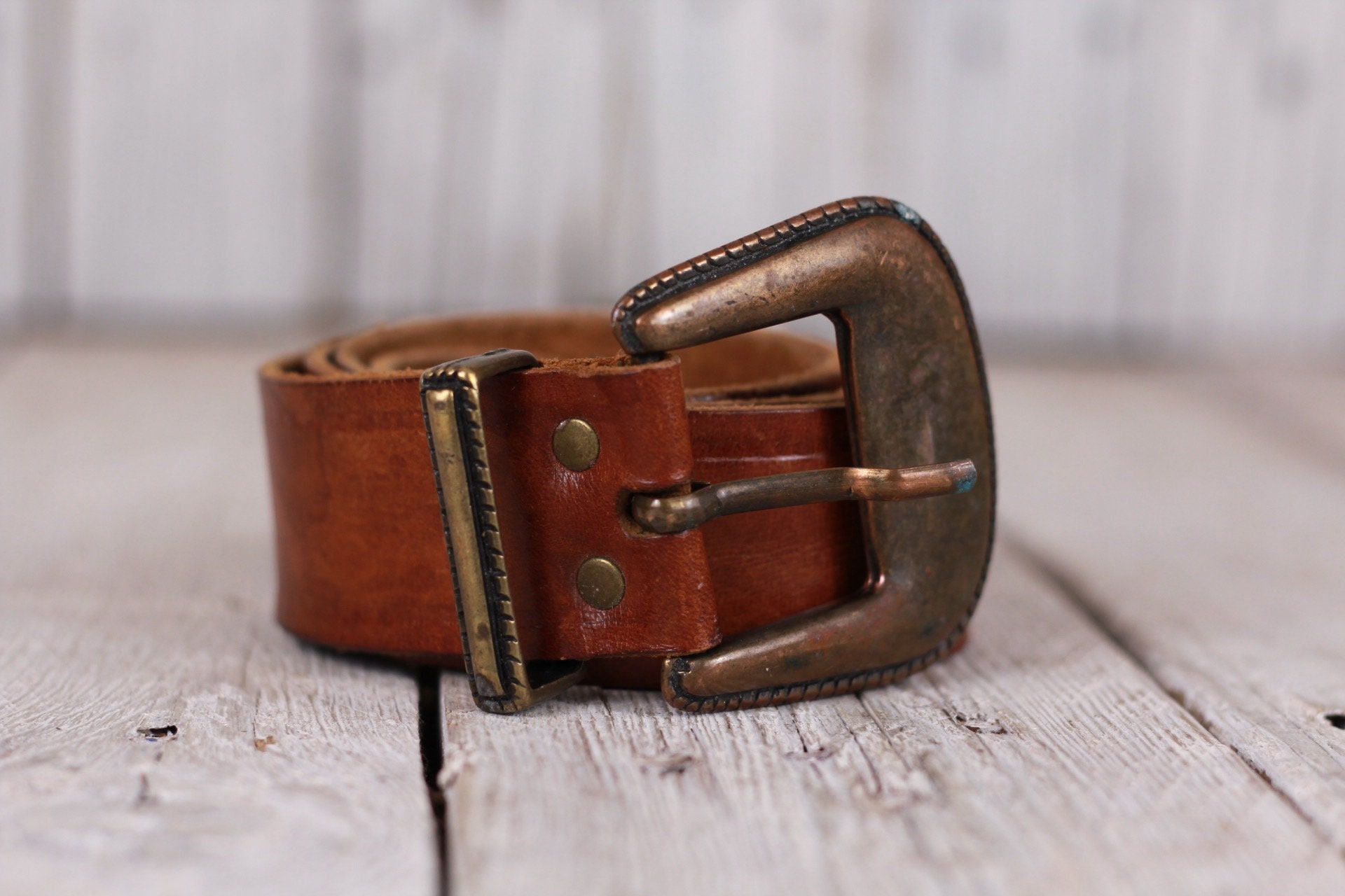 Vintage Tooled Leather Cowgirl Belt, Handmade Metal Buckle  display picture 2