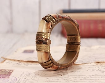 Vintage Brass and Mother of Pearl Bracelet, Inlay Bangle
