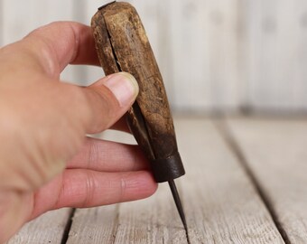 Antique Handmade Wooden Handle Awl, Primitive Tool, Leather Hole Maker Tool, Sewing Collector