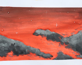 Red Sky Painting, Watercolour, Oil Paint, Black Clouds, Red Sky, Stars in The Sky, Original 17 X 25, Black Clouds Painting, Dark Red, Red