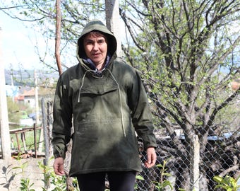 Vintage Green Canvas Anorak Parka, Military Fishtail Smock, Survival Clothing