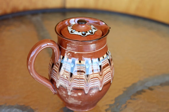 Vintage Pottery Milk Jug, 1950s Crock Coffee Pitcher With Lid (5.5