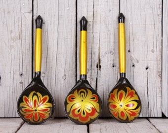 Vintage Hand Painted Wooden Spoons, Motifs Khokhloma