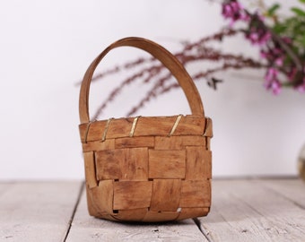 Vintage Primitive Rustic Wooden Picnic Basket, Top Handle Wicker