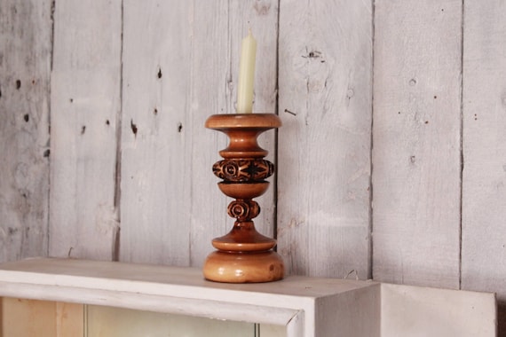 Vintage Hand Carved Handmade Wooden Candle Holder Candlestick 