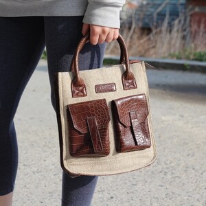 Bolso vintage de cáñamo con asa superior, tamaño mediano, fabricado en Italia