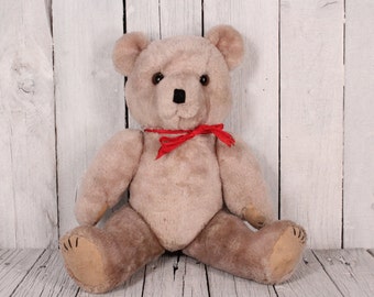 Vintage Stuffed  Beige Teddy Bear with Red Ribbon Kids Toy Nursery Decor