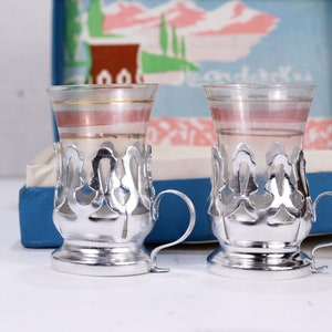 Vintage USSR Tea Glass Set: Aluminum Cup Holder, Original Box