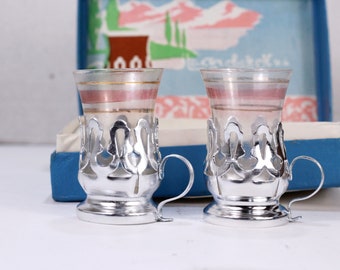 Service vintage de verres à thé de l'URSS : porte-gobelet en aluminium, boîte d'origine