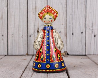 Vintage Mechanical Wind-up Toy Doll Snegurochka Doll Dancing Toy Wrap-Around Spring Toy Olympic Games Moscow 80s