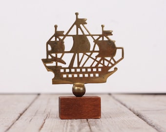 Vintage Brass Ship Figure, Wooden Stand, Small Figurine