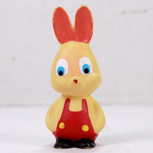 Vintage rubber rabbit toy, Rubber rabbit toy vintage, Old baby bath toy, Small rabbit toy, Vintage child and baby toy, Yellow red rabbit toy