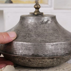 Antique Tinned Copper Dish with Lid, Footed Serving, Hand Hammered