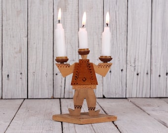 Vintage Wooden Candle Holder, Person Shape, Three Candles