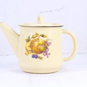 Vintage Teapot, Yellow Teapot with Fruit, Enamel Teapot, Enamel Coffee Pot, Vintage Enamelware, Vintage Pitcher, Country Decor