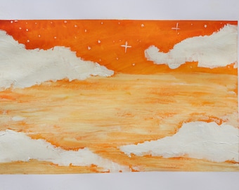オレンジ色の空を描いた水彩画、白い雲、星、オリジナル作品（17×25cm