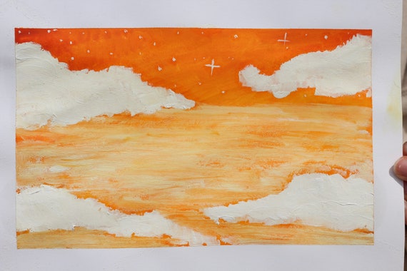 オレンジ色の空を描いた水彩画、白い雲、星、オリジナル作品（17×25cm